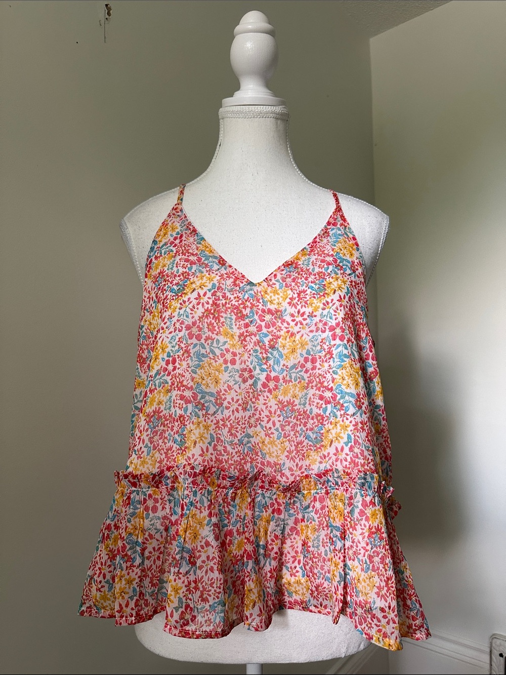 PATRONS OF PEACE Floral Ruffle Peplum Boho Cottage Girly Summer Tank Top Medium